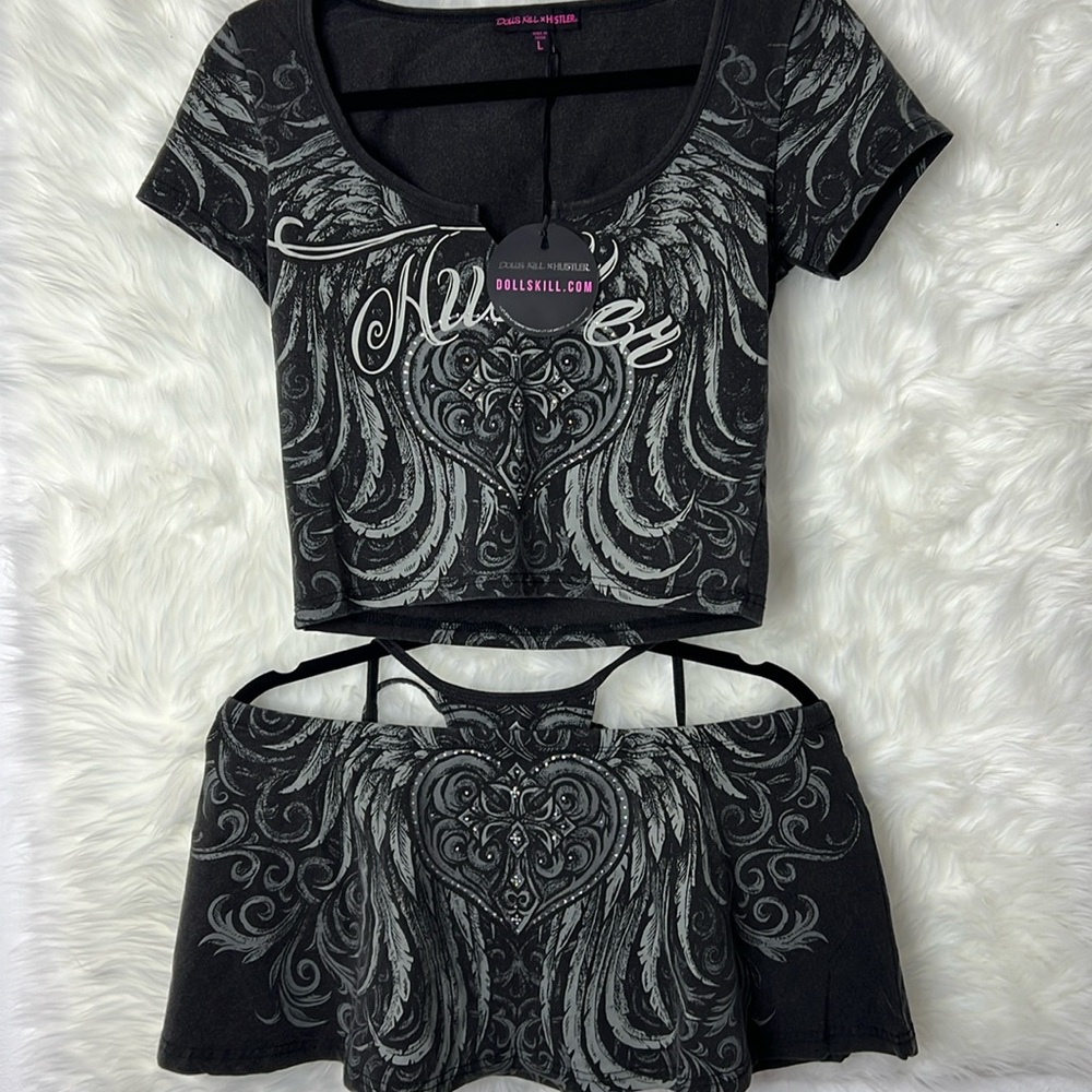 NWT Dollskill x HUSTLER Rhinestone Wing Too and Skirt Set LARGE